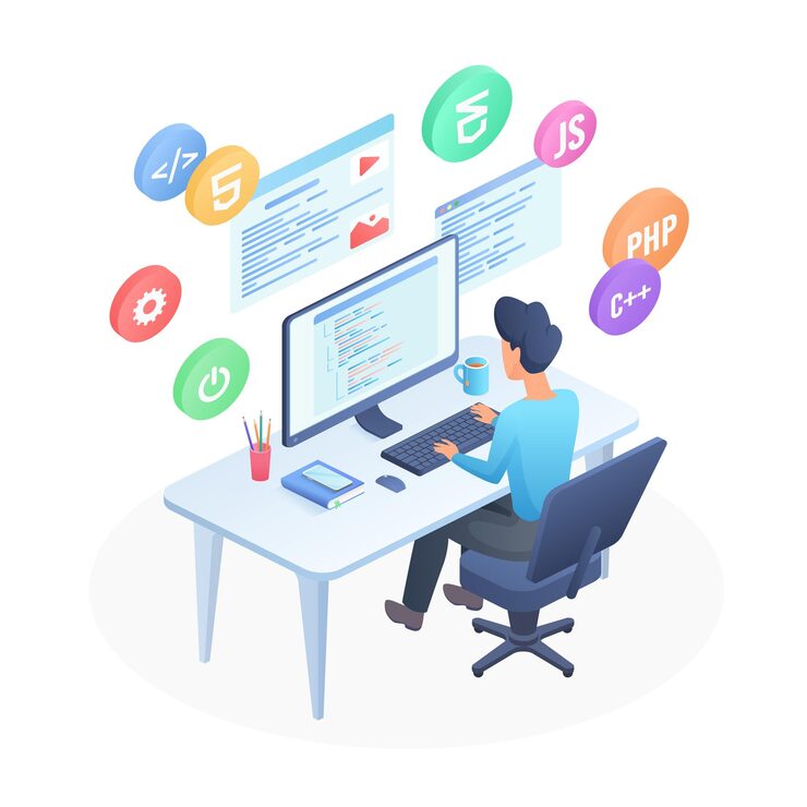 Vector software engineer developer coding computer program