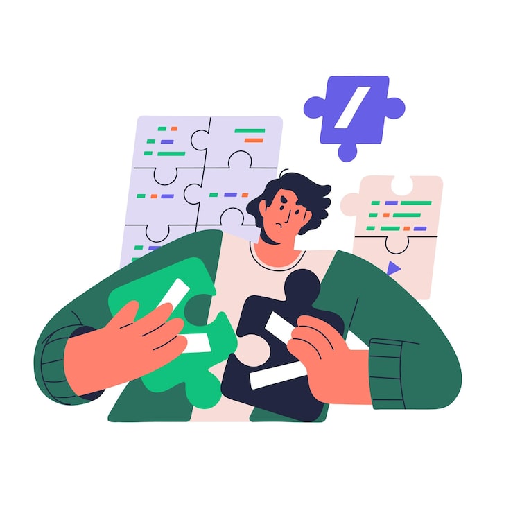 Vector software engineer find solution of problem in program concept coder collect puzzles search errors in code programmer develop script for app flat isolated vector illustration on white background