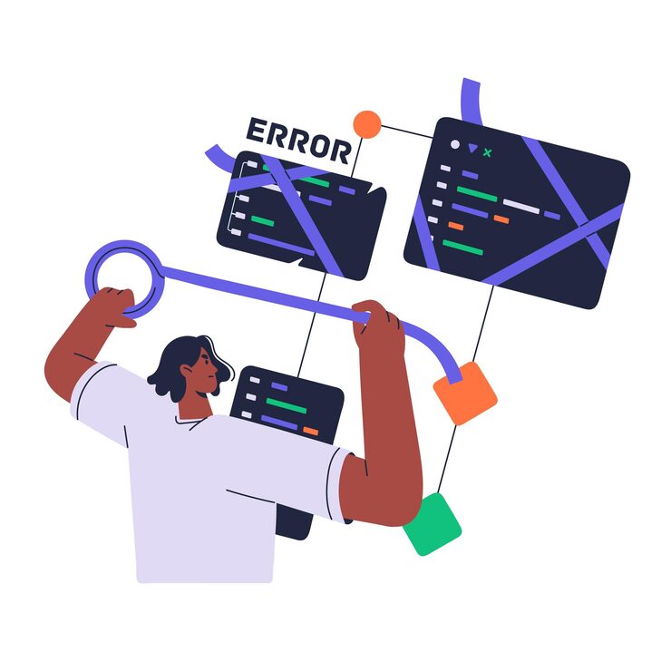 Vector software engineer fix error in code concept coder programmer search solution for problem in develop program database information technology flat isolated vector illustration on white background