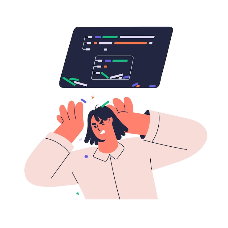 Vector software engineer makes bug concept coder search problem upset programmer work with error screen with broken code woman have failure in development flat isolated illustration on white background