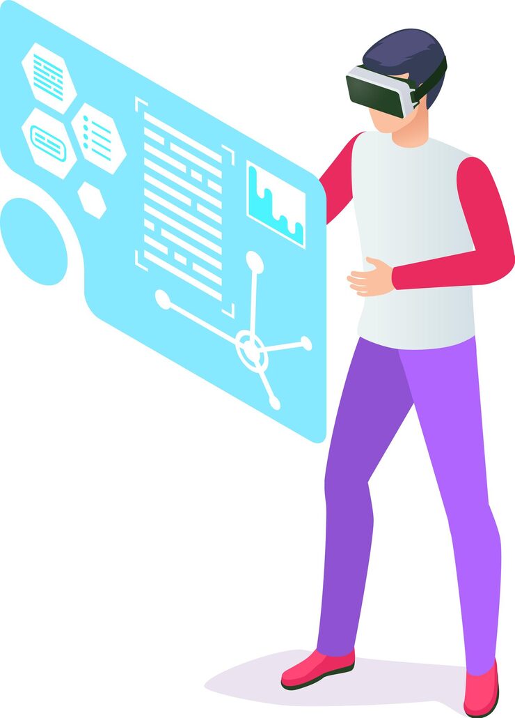 Vector software engineer using vr goggles interacting with data analysis displayed on a futuristic transparent screen representing innovative technology in software development and data visualization