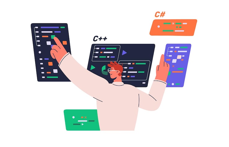 Vector software engineer writing code concept information technology coder develops database algorithm backend programmer starts development of program app flat isolated vector illustration on white