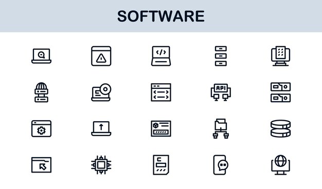 software icon set highlighting program management app functionality and system integration tasks