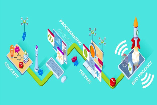 Software icons Digital program development process 3D business web office for website or app programming Application coding and testing Project engineering Vector isometric concept