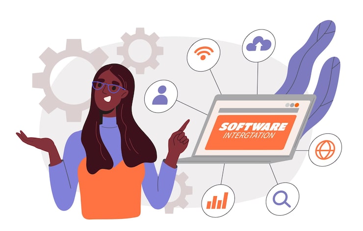 Vector software intergtation concept developer and programmer write code for programs and application