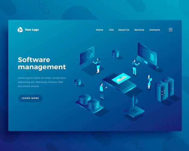 Software management office personen karakters en interactie met dashboard en smartphone bestemmingspagina of banner sjabloon 3d isometrische vectorillustratie