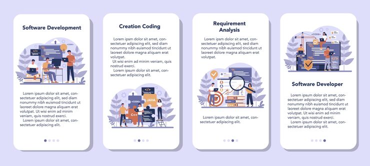 Vector software mobile application banner set. idea of programming and coding, system development. digital technology. software developing company writing code.   