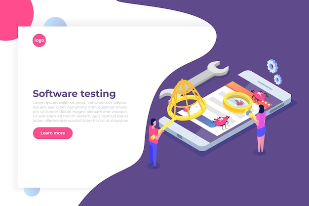 Software of applicatie testen isometrisch concept. Debugging ontwikkelingsproces.