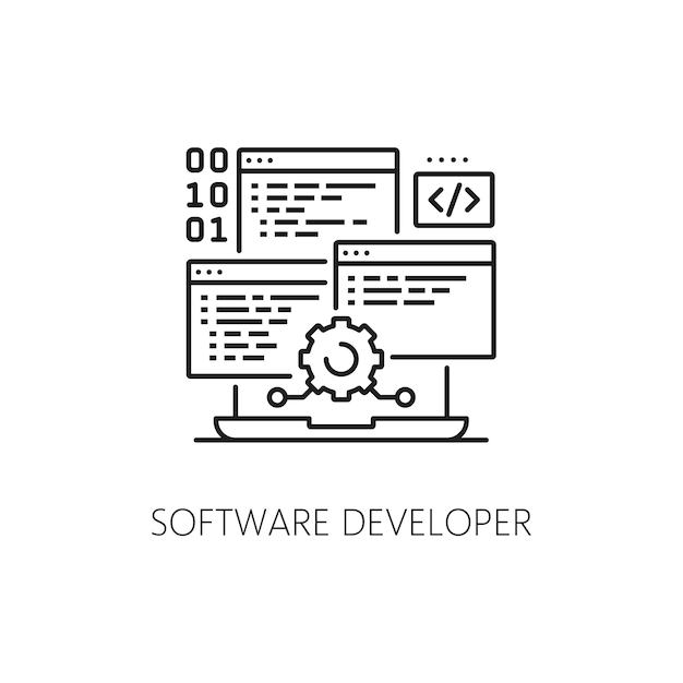Software ontwikkelaar IT-specialist icoon digitale techniek of programma ontwikkeling technologie lijn vector Computer software mobiele app en website framework ontwikkelaar van UI of UX programmering
