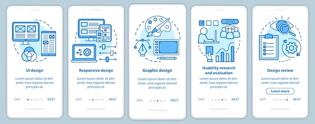 Software ontwikkeling onboarding mobiele app pagina scherm vector sjabloon. programmeren van applicaties. doorloop websitestappen met lineaire illustraties. ux, ui, gui smartphone-interfaceconcept