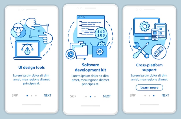 Software ontwikkeling onboarding mobiele app pagina scherm vector sjabloon. Programmeren van applicaties. Doorloop websitestappen met lineaire illustraties. UX, UI, GUI smartphone-interfaceconcept