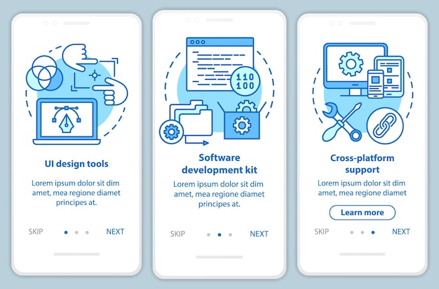 Software ontwikkeling onboarding mobiele app pagina scherm vector sjabloon. Programmeren van applicaties. Doorloop websitestappen met lineaire illustraties. UX, UI, GUI smartphone-interfaceconcept