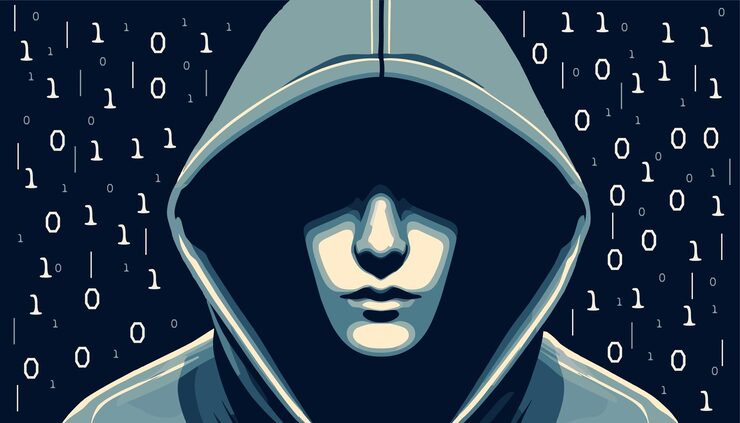 Vector software program programmer hacker in hoodie with binary number background flat design
