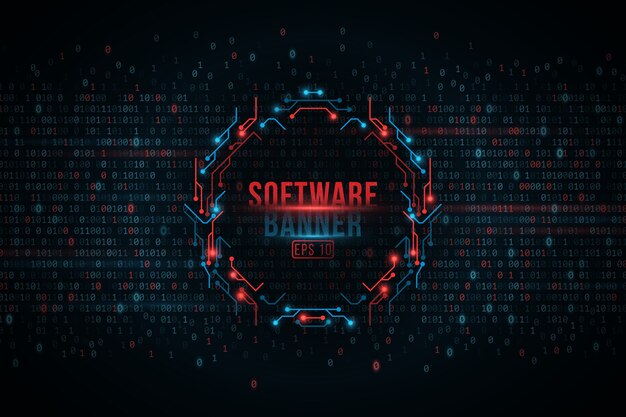 Vettore codice binario di programmazione software e banner del circuito del computer, cyber security.