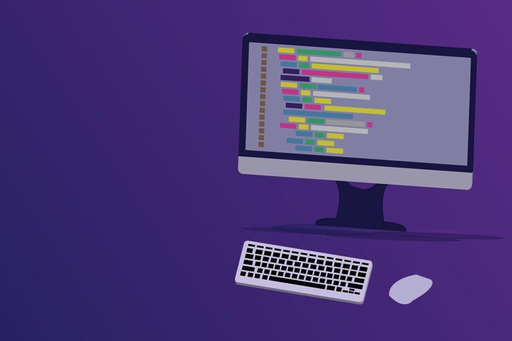 Vector software programming coding concept code with computer mornitor