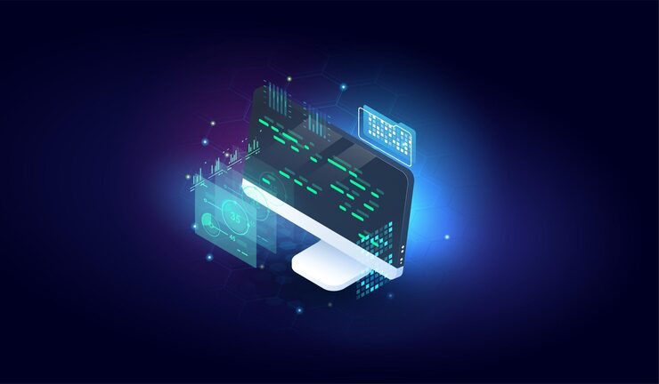 Vector software programming coding concept program or web developer coding on computer screen with code script and open windows