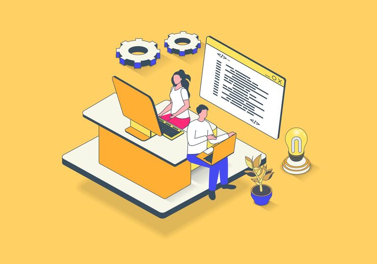 Vector software programming concept in 3d isometric design developer team work with code testing computer programs and making optimization vector illustration with isometry people scene for web graphic