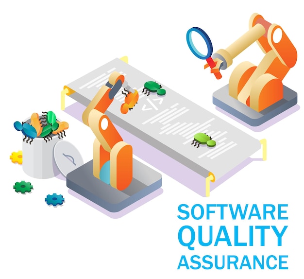 소프트웨어 품질 보증, 벡터 아이소메트릭 그림입니다. Sqa, 자동화된 코드 테스트, 웹 배너, 웹사이트 페이지 등에 대한 디버깅 개념