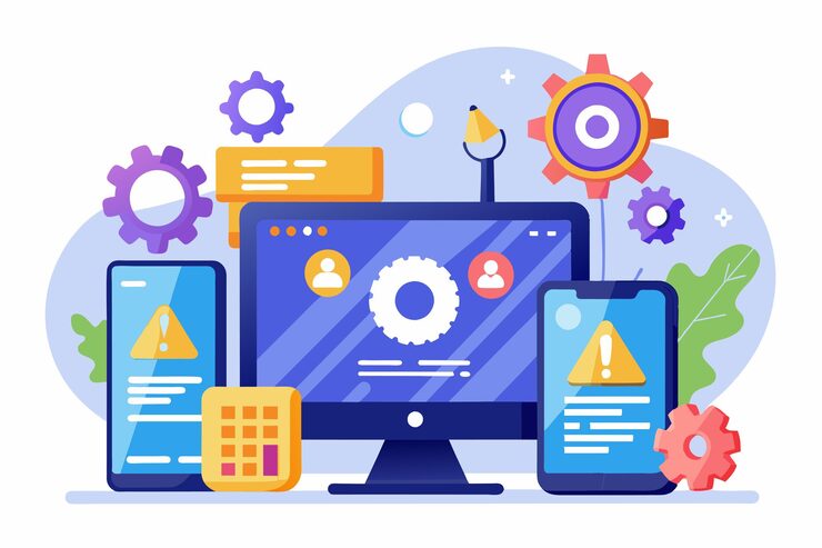 Vector software systems maintenance errors displayed on various devices with warning alerts software systems and maintenance website errors development and updating of web pages on mobile applications