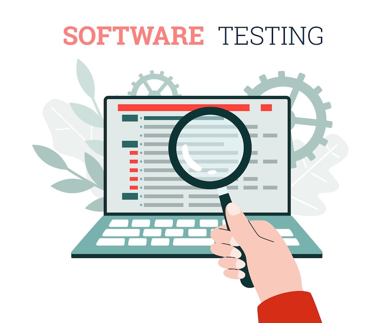 Software testen met desktop computer cartoon vectorillustratie geïsoleerd