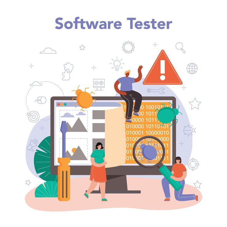 Vector software tester. application or website code testing. software development and debugging. it specialist searching for bugs. idea of computer technology. isolated flat vector illustration