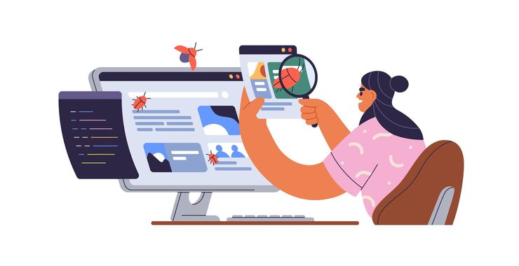 Vector software tester at computer finding program bugs analyzing code mistakes with magnifier qa testing automation report debugging concept flat vector illustration isolated on white background
