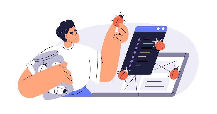 Vector software tester finding bugs searching errors qa reporting testing program and debugging code quality assurance analysis mistakes control flat vector illustration isolated on white background