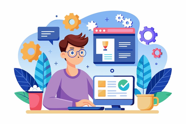 Vector a software tester focuses on tasks at a desk with a computer tools and visual elements like gears and checkmarks software tester customizable flat illustration