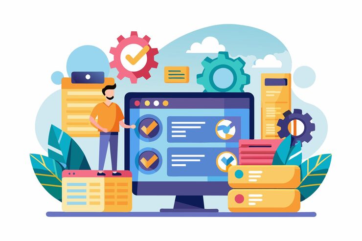 Vector 軟件測試人員與電腦互動,在工作空間中顯示顯示有活力元素的測試結果.軟件測試人員可定制的半平面插圖