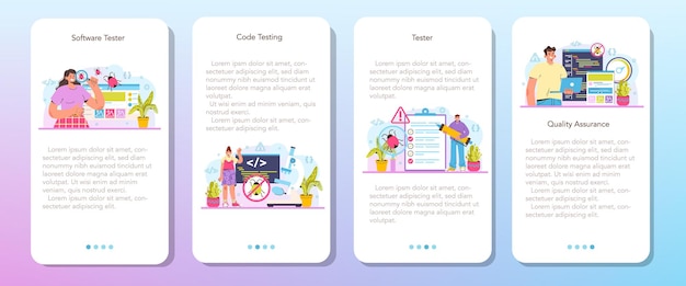 Software tester mobiele applicatie banner set. Applicatie of website code testen. Software ontwikkeling en debuggen. IT-specialist op zoek naar bugs. Geïsoleerde platte vectorillustratie