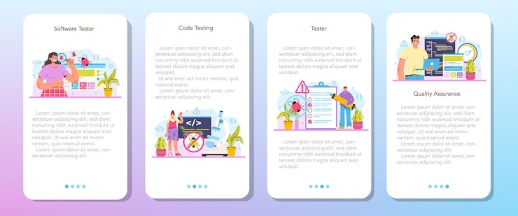 Vector software tester mobile application banner set. application or website code testing. software development and debugging. it specialist searching for bugs. isolated flat vector illustration