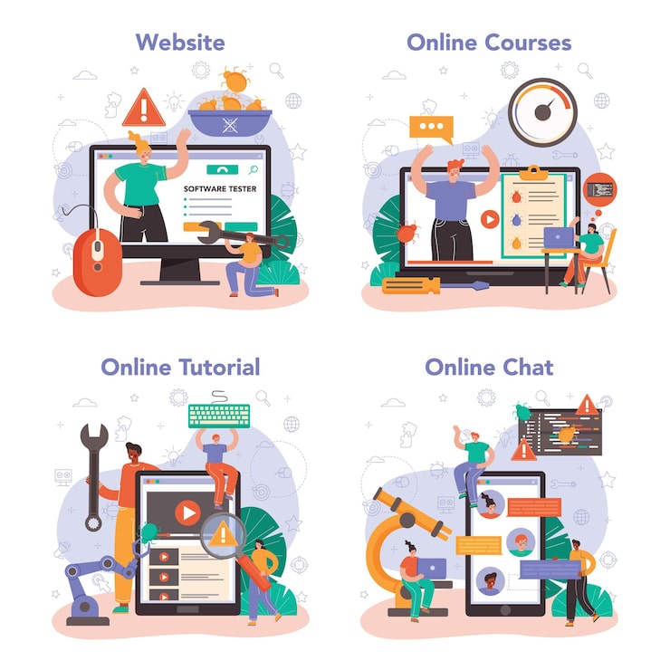 Vector software tester online service or platform set. application or website code testing. software development and debugging. online course, tutorial, chat, website. flat vector illustration