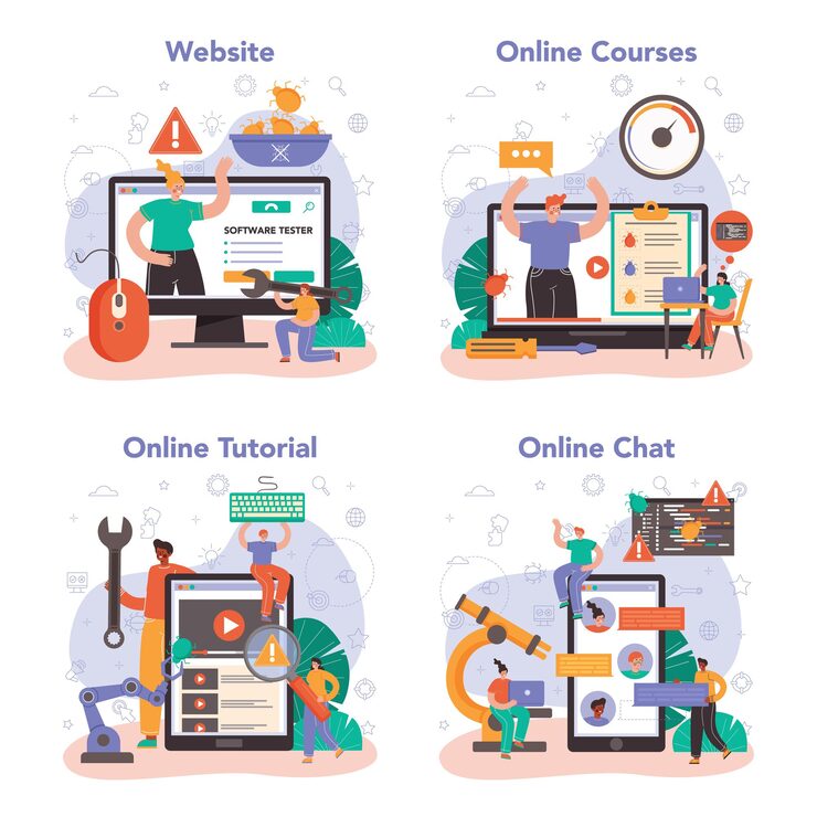 Vector 소프트웨어 테스터 온라인 서비스 또는 플랫폼 세트. 애플리케이션 또는 웹사이트 코드 테스트. 소프트웨어 개발 및 디버깅. 온라인 코스, 튜토리얼, 채팅, 웹사이트. 평면 벡터 일러스트 레이 션
