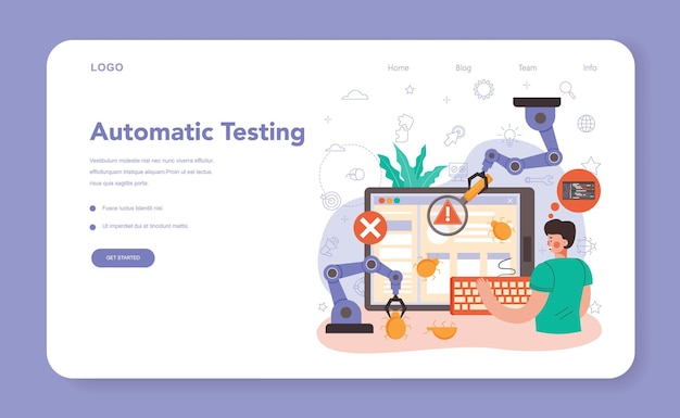 software tester web banner or landing page. application or website code automatic testing. software development and debugging. it specialist searching for bugs. isolated flat vector illustration