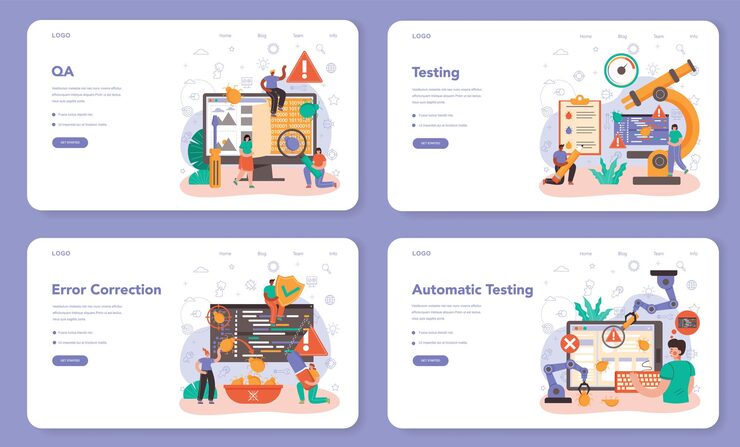 Vector software tester web banner or landing page set. application or website code testing. software development and debugging. it specialist searching for bugs. isolated flat vector illustration