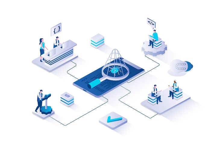 Vector software testing 3d isometric concept with isometry people design for web team developing programs or apps making optimization and debugging looking and fixing bugs and errors vector illustration