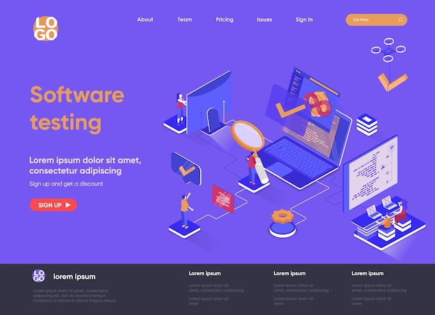 Software testing 3d isometric landing page website   illustration with people characters