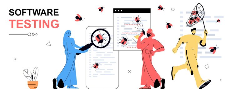 Vector software testing concept in flat cartoon design for web banner people looking for software errors finding bugs in program code fixing mistakes debugging code doing analysis vector illustration