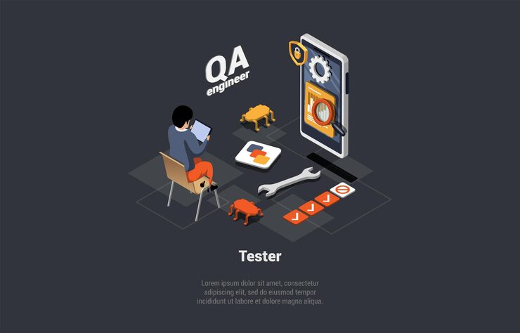 Vector software testing and it professions it software application testing quality assurance debugging software quality assurance engineering make tests of applications isometric 3d vector illustration