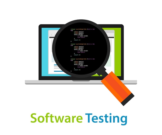 Software testing looking closer closeup to the source code script to find bug
