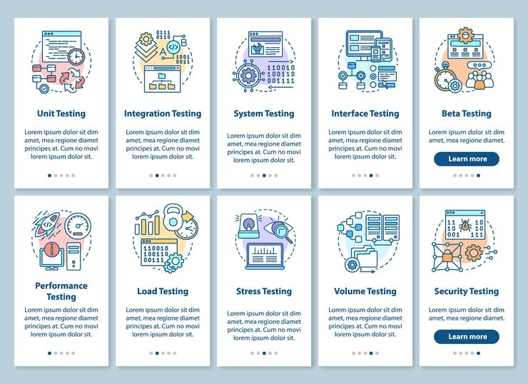 Vector software testing onboarding mobile app page screen with linear concepts. performance and usability analysis walkthrough steps graphic instructions. ux, ui, gui vector template with illustrations