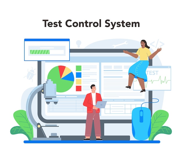 Онлайн-сервис или платформа для тестирования программного обеспечения процесс тестирования кода приложения или веб-сайта ит-специалист ищет ошибки контроль онлайн-тестирования векторная плоская иллюстрация