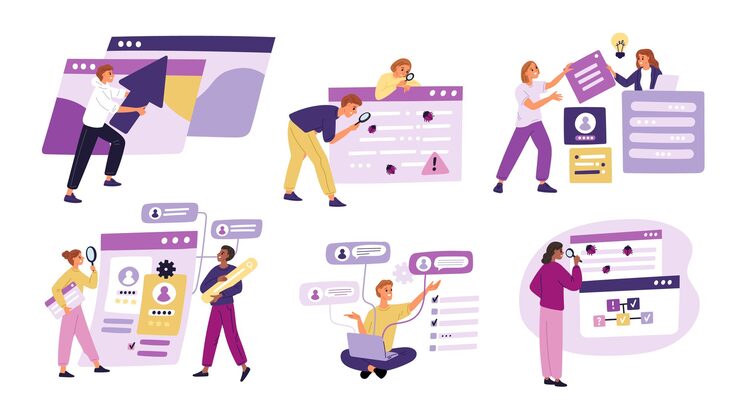 Vector software testing process people looking for mistakes and web bugs in applications and computer programs qa engineering programmers finding errors with magnifiers garish vector set