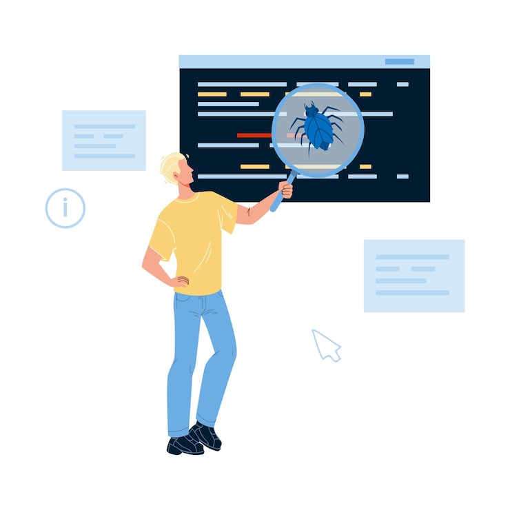Vector software testing program on bug and errors vector. software code test service, man it worker holding magnifier searching and finding application digital problem. character flat cartoon illustration
