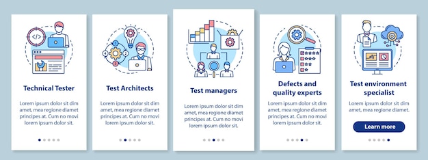 Software testing roles onboarding mobile app page screen with linear concepts. Qulity control experts walkthrough steps graphic instructions. UX, UI, GUI vector template with illustrations