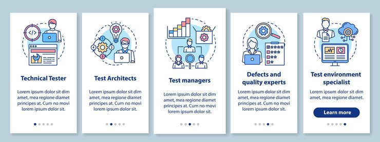 Vector software testing roles onboarding mobile app page screen with linear concepts. qulity control experts walkthrough steps graphic instructions. ux, ui, gui vector template with illustrations