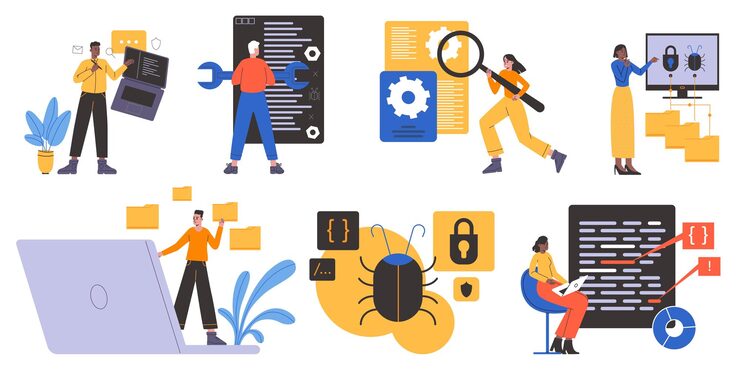 Vector software testing scenes web development process programmers check pages and programs for errors team searching bugs woman looking for failures man coding developers works vector set