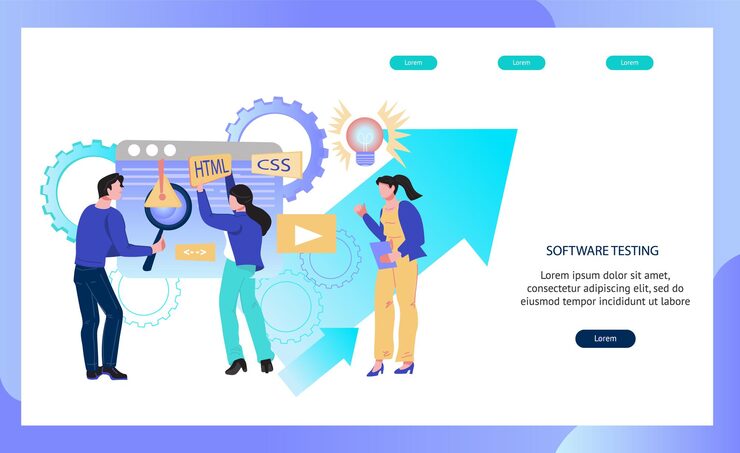 Vector software testing and site development banner template with programmers and testers busy with analysing website internet technology of programming and data optimization flat vector illustration