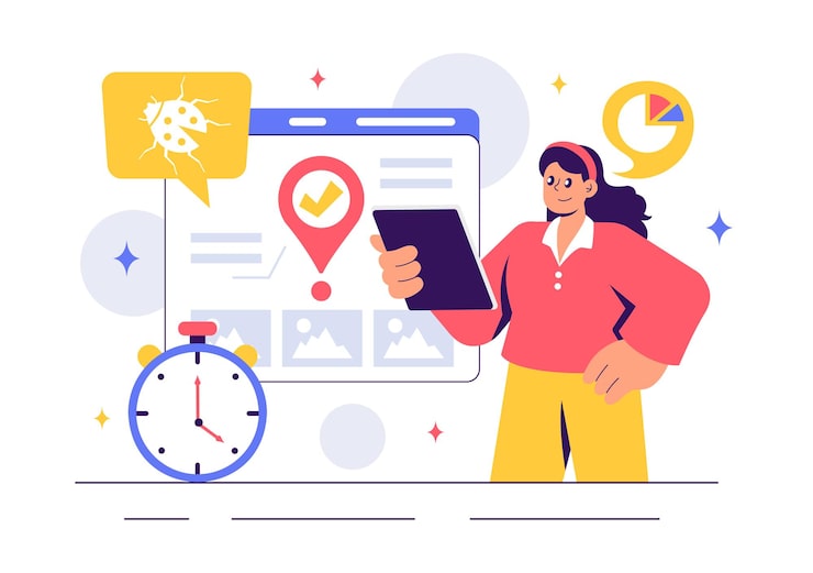 Vector 軟件測試向量插圖,以應用工程,糾正流程,開發工作流程,編程和編碼為特色