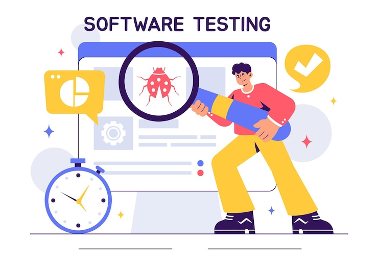 वेक्टर software testing vector illustration featuring application engineering debugging processes development workflow programming and coding
